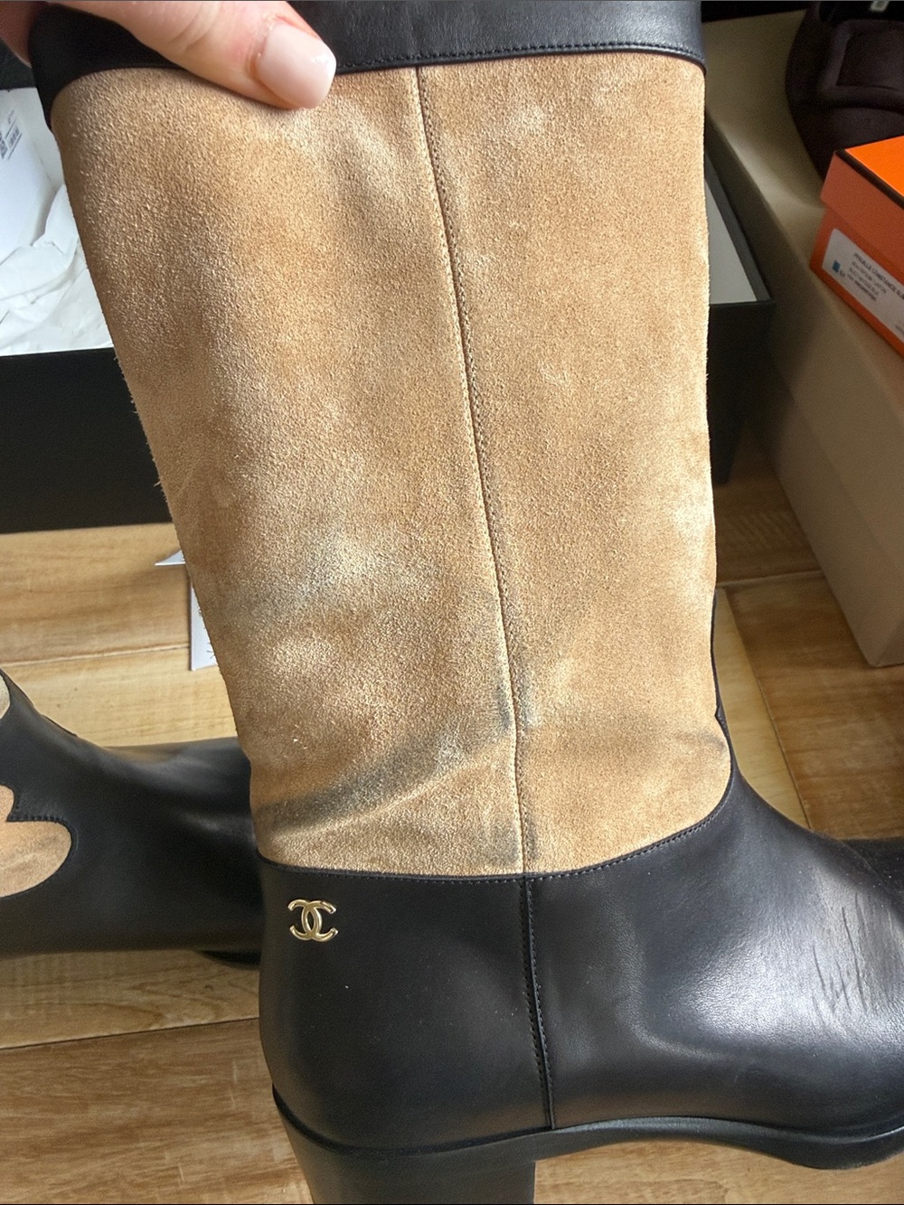 CHANEL Two-Tone Black Leather and Beige Suede Mid-Calf Lace-Up Boots - Picture 2 of 14